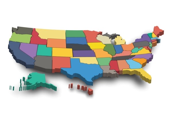 Colorful 3D map of the US.