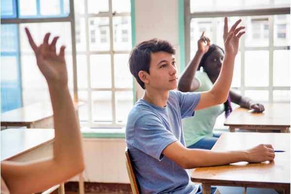 Male high school student raising his hand in class.